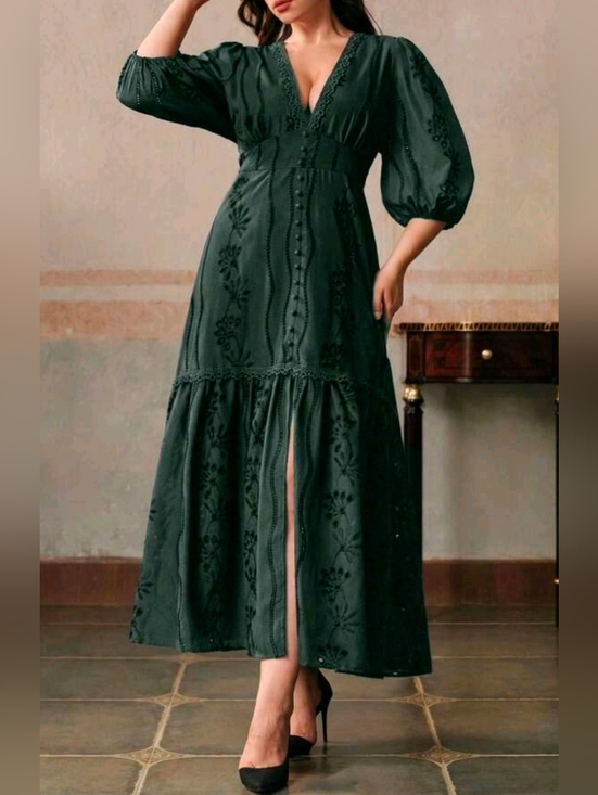 Boutique Dresses & Skirts - New Cottage Embroidered Eyelet Lace Button Trim Long Dress PLUS Dark Green